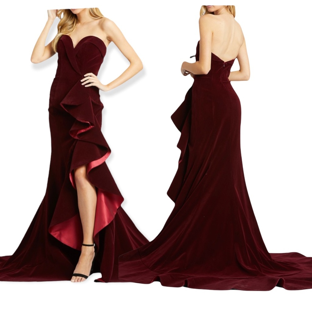 Mac Duggal Red Velvet Strapless Gown